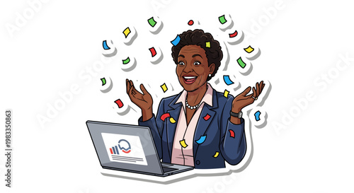 happy businesswoman with laptop and confetti