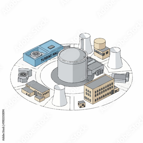 Isometric Nuclear Power Plant Layout with Reactor and Cooling Towers.