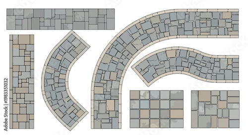 Stone pavement vector set, gray cobblestone walkway paths and curved garden trails, natural rock masonry floor textures for landscape design