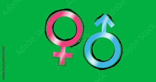 Digital animation of male and female gender symbols against black background