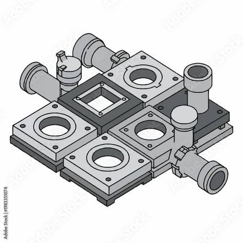 Isometric view of industrial pipe fittings and square metal plates.