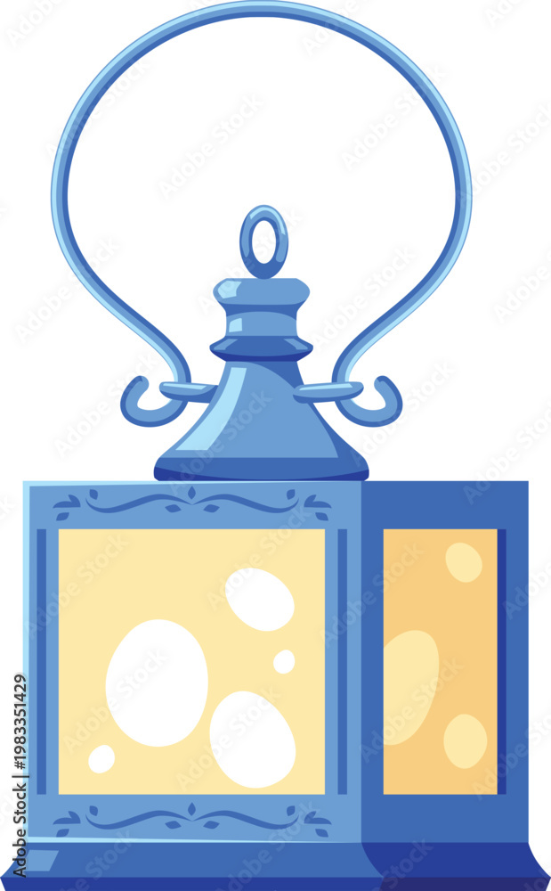 Naklejka premium Vintage magic lantern with burning candle flat vector icon, fairytale antique hanging candle holder blue cube shape