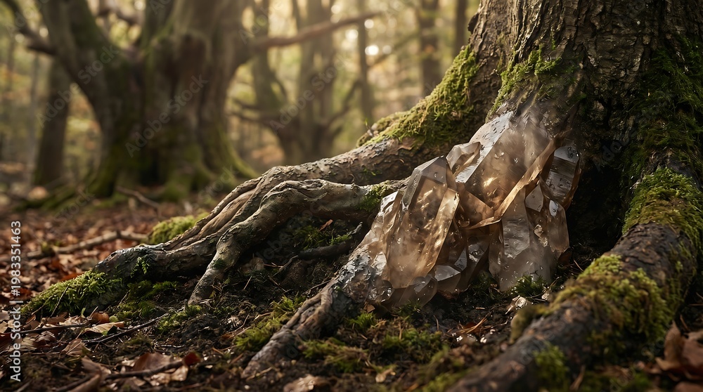 Obraz premium Tree root transforming into smoky quartz crystals in soil, surreal nature concept for sustainable luxury, organic growth, and hidden value in the environment.