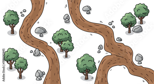 Cartoon winding dirt road map elements, hand drawn forest path with green trees and grey rocks, top view nature landscape vector for game design