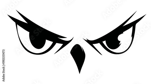 Fierce angry owl eyes vector illustration. Intense predatory bird gaze with sharp eyebrows and a watchful, aggressive expression. Black and white graphic.