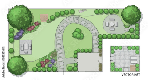 Landscape design plan vector, garden layout with stone path and patio furniture, architectural backyard blueprint with trees and shrubs