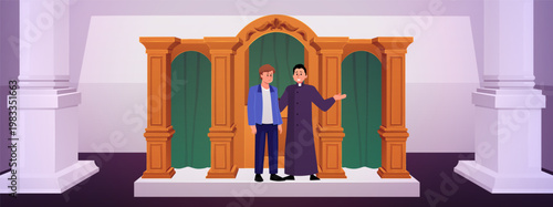 A church interior with columns, a confessional, and a priest and a man.