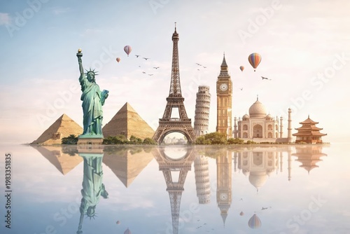 Global travel montage with iconic landmarks and hot air balloons over reflective water