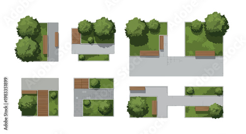 Top view park landscape elements, aerial garden map creator with green trees and benches, urban public space vector set for site planning