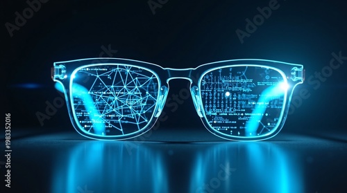 Sleek smart glasses with glowing cyan data streams on the lenses, representing augmented reality and next-gen wearable tech.