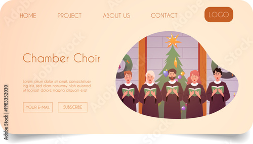 Christmas chamber choir in church, people choir singing near Christmas tree landing page vector design, worship ceremony