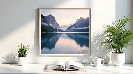 Bright, clean interior with a framed mountain lake print, green plants, and an open book, perfect for modern home inspiration.