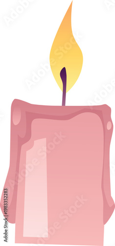 Burning candle with melted wax flat vector icon, glowing lit paraffin candle with fire flame, church religion ceremony
