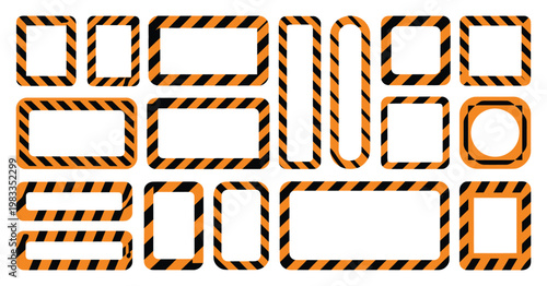 Various blank warning signs with diagonal stripes, orange caution and danger signboard collection in modern vector style, featuring construction site signage, road warning shields, and safety