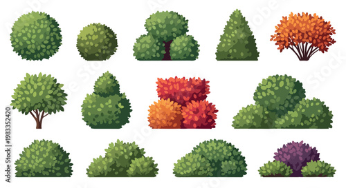 Green garden bushes and manicured shrubs collection, 13 vector landscape plants in various shapes, decorative topiary and hedge elements for architectural visualization