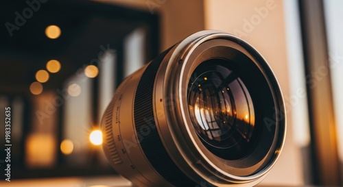 Closeup of a professional camera lens reflecting warm light and bokeh.