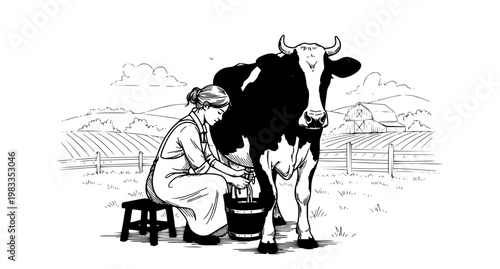 Cow and Woman Milking Farmer Sketch Vector Illustration