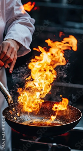 The chef's hands held a frying pan with fire. Large hands of a chef preparing food over fire. Phone wallpaper.
