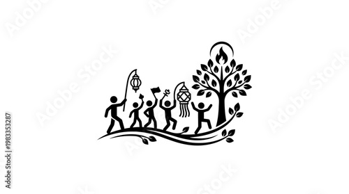 Joyful Procession with Lanterns and a Tree