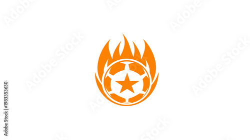Dynamic orange soccer ball with star and flames graphic icon, representing passion, power, and victory in sports.