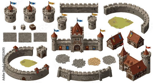 Medieval castle constructor kit with stone walls and towers, isometric kingdom building elements, fantasy fortress architecture for game design