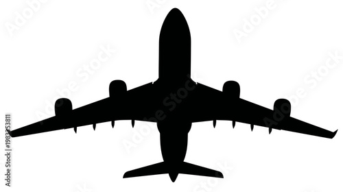 Detailed black silhouette of a large commercial airliner, seen from above, representing air transport, global travel, and flight
