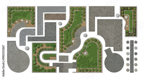 Landscape design kit with modular garden elements, top view architectural park map creator, green lawn and stone pavement vector set for site planning