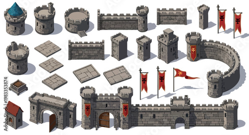 Isometric medieval castle constructor kit, modular stone fortress walls and towers vector set, 25 game assets for kingdom building and strategy maps