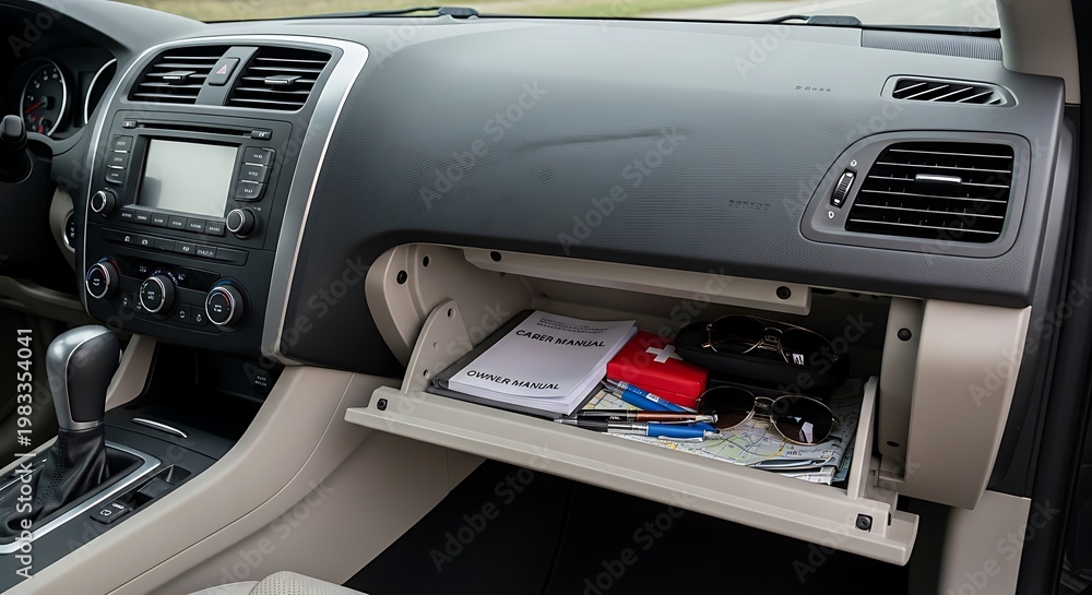 Fototapeta premium Car Interior View - Open Glove Compartment with Contents.