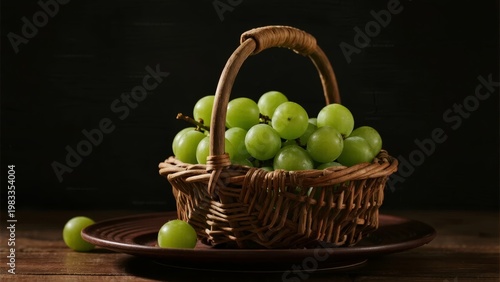 Green grapes in a woven basket on a wooden plate against a dark background