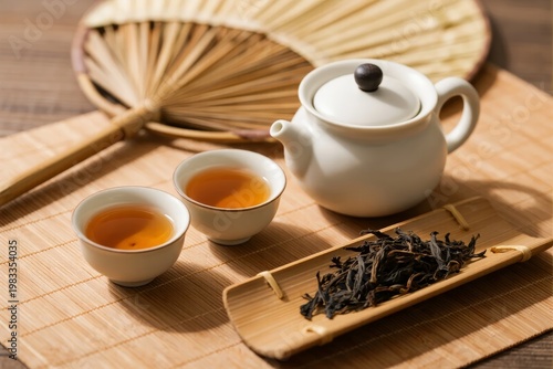 Traditional tea set with teapot, cups, dried tea leaves, and bamboo fan on a wooden mat
