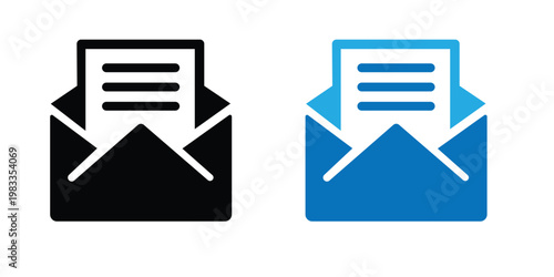 Envelope icon set. Closed, open and new message envelopes with notification badge and paper elements vector. Email communication set for inbox, alerts and contact actions sign. Modern postal concept.