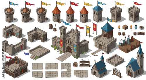 Isometric medieval castle constructor kit, stone fortress building elements with towers and flags, 2D game asset collection for strategy maps