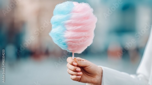 National Cotton Candy Day cheerful summer fair concept, cotton candy vendor holding freshly spun blue and pink cotton candy, shallow depth of field, natural daylight, authentic candid moment, divers