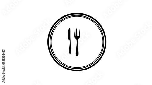 Minimalist Black and White Dining Icon with Fork and Knife in Circle - Restaurant and Food Service Symbol