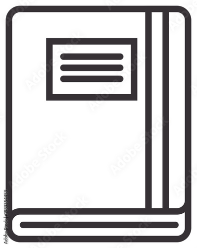 Black line art vector icon of a notebook or journal featuring a label on the cover and a vertical band, ideal for education, office supplies, and business-related graphic design projects.