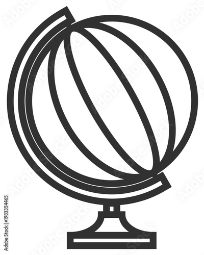 Minimalist black line art vector illustration of a terrestrial globe on a stand, featuring a stylized earth with meridian and parallel lines, ideal for geography, travel, and education icons.