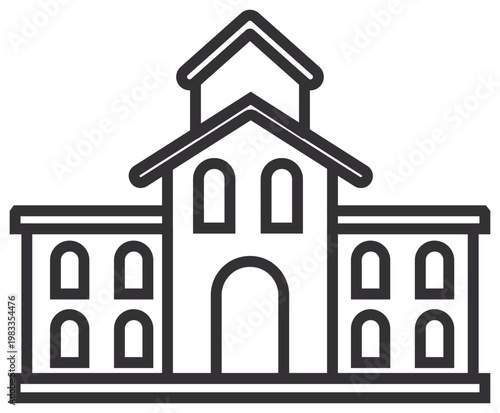 Photos Minimalist black vector line icon of a school or university building with arched windows, a central entrance, and a gabled roof with a cupola, isolated on a white background illustration