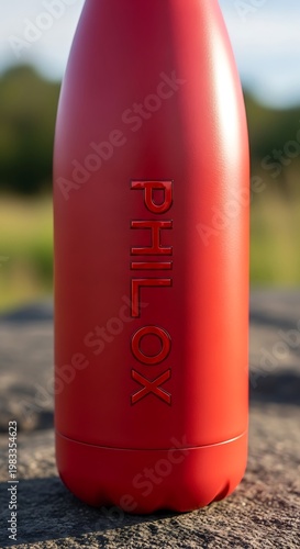 Close-up of a vibrant red reusable water bottle outdoors.