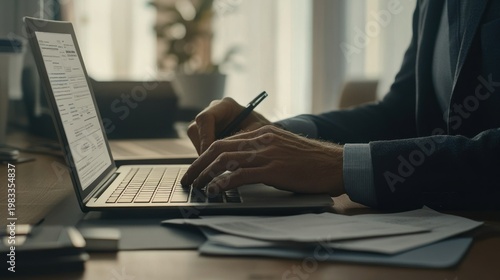 Man working on laptop and documents at desk