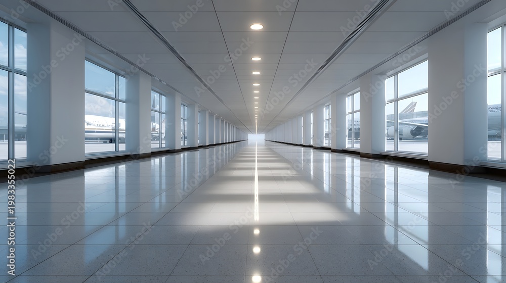Fototapeta premium A symmetrical and minimalist view down a polished brightly lit modern corridor with large creating a strong sense of depth and perspective