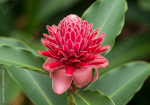 Close-up of a Vibrant Red Torch Ginger Flower in Bloom.