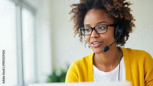 Young woman wearing a yellow cardigan and a white shirt, with curly hair, smiling and wearing a headset, representing a customer service representative or a call center operator..