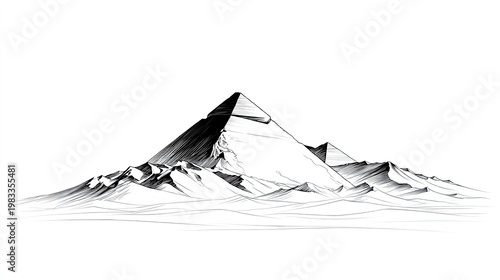 Monochrome mountain range illustration against white background for design