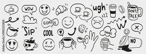 Coffee and emotions doodle set with cups, speech bubbles, smiles, coffee icons and daily mood elements. Minimal black and white vector for café, social media and lifestyle designs.