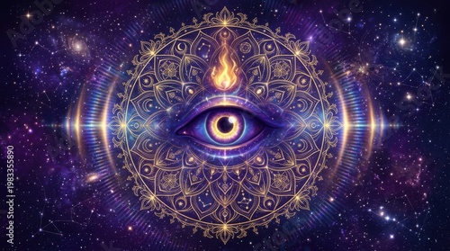 Third Eye Chakra Symbol with Radiant Sacred Geometry in Space