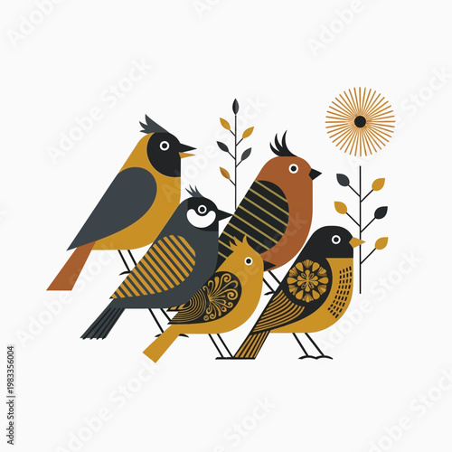 Stylized illustration of a group of birds with decorative patterns and natural elements.