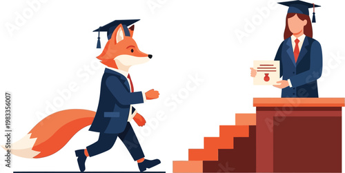 Fox student in a formal suit and graduation cap walks toward a teacher to receive a diploma at a school commencement ceremony.