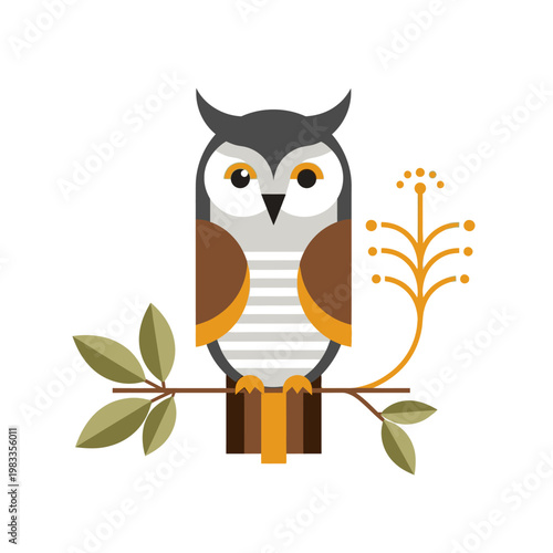 Stylized Owl Perched on Branch with Minimalist Foliage Illustration.
