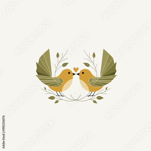 Two adorable lovebirds with a heart between them, surrounded by delicate branches and leaves.
